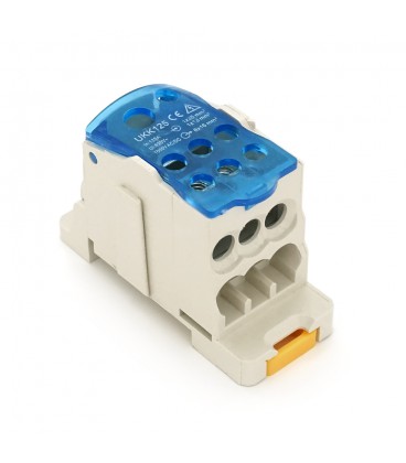 Паралельний розгалужувач-спліттер проводів UKK125A, 6 виходів(латунь) 6х16мм2*1х35/1х16мм2, AC690V, 125А, 66*45*29,3мм, BLUE