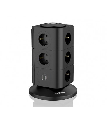 Сетевой фильтр SAFEMORE настольный, на 11 розеток + 2 USB выхода, 10A, 220-240V, 2400W, 2м, Black
