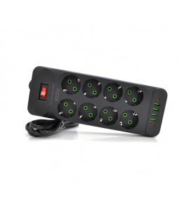 Сетевой фильтр F34U, 8 розеток EU + 4 USB + 2 PD, кнопка включения с индикатором, 2 м, 3х0,75мм, 2500W, Black, Box