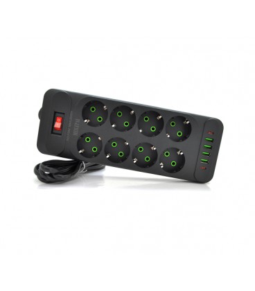 Сетевой фильтр F34U, 8 розеток EU + 4 USB + 2 PD, кнопка включения с индикатором, 2 м, 3х0,75мм, 2500W, Black, Box