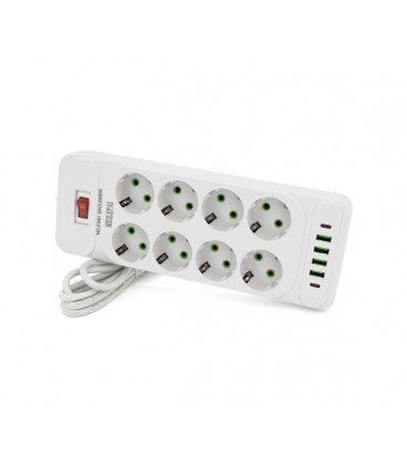 Сетевой фильтр F34U, 8 розеток EU + 4 USB + 2 PD, кнопка включения с индикатором, 2 м, 3х0,75мм, 2500W, White, Box