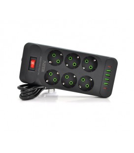 Сетевой фильтр F33U, 6 розеток EU + 4 USB + 2 PD, кнопка включения с индикатором, 2 м, 3х0,75мм, 2500W, Black, Box