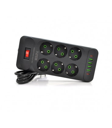 Сетевой фильтр F33U, 6 розеток EU + 4 USB + 2 PD, кнопка включения с индикатором, 2 м, 3х0,75мм, 2500W, Black, Box