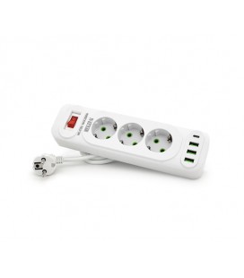 Сетевой фильтр F23U, 3 розетки EU + 3 USB + PD, кнопка включения с индикатором, 2 м, 3х0,75мм, 2500W, White, Box