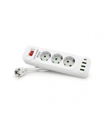 Сетевой фильтр F23U, 3 розетки EU + 3 USB + PD, кнопка включения с индикатором, 2 м, 3х0,75мм, 2500W, White, Box