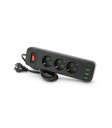 Сетевой фильтр F23U, 3 розетки EU + 3 USB + PD, кнопка включения с индикатором, 2 м, 3х0,75мм, 2500W, Black, Box