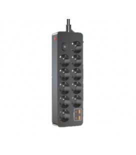Сетевой фильтр на 10 розетки + 2 USB выхода 5V-2.4A + 2PD, кнопка включения с индикатором, 10A, 240V/2500W, Black