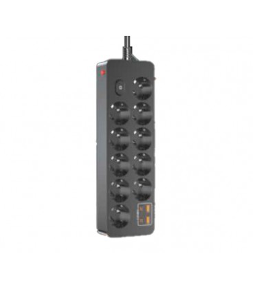 Сетевой фильтр на 10 розетки + 2 USB выхода 5V-2.4A + 2PD, кнопка включения с индикатором, 10A, 240V/2500W, Black
