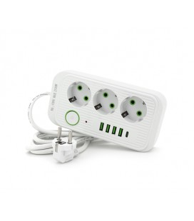 Сетевой фильтр F09U, 3 розетки EU + 4 USB + 1PD, кнопка включения с индикатором, 2 м, 3х0,75мм, 2500W, White, Box