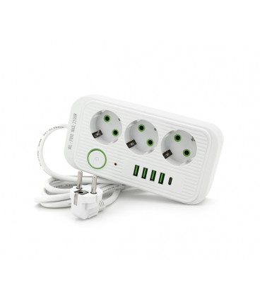Сетевой фильтр F09U, 3 розетки EU + 4 USB + 1PD, кнопка включения с индикатором, 2 м, 3х0,75мм, 2500W, White, Box