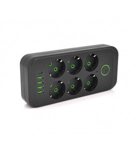 Сетевой фильтр F06U, 6 розеток EU + 4 USB + 1PD, кнопка включения с индикатором, 2 м, 3х0,75мм, 2500W, Black, Box