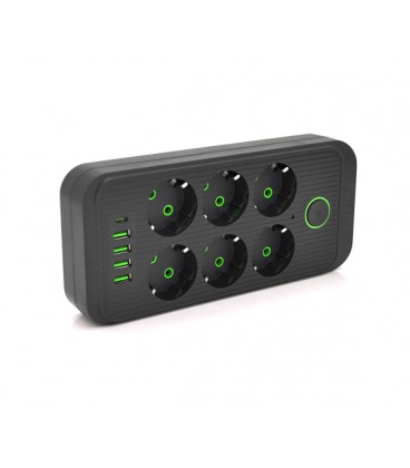 Сетевой фильтр F06U, 6 розеток EU + 4 USB + 1PD, кнопка включения с индикатором, 2 м, 3х0,75мм, 2500W, Black, Box