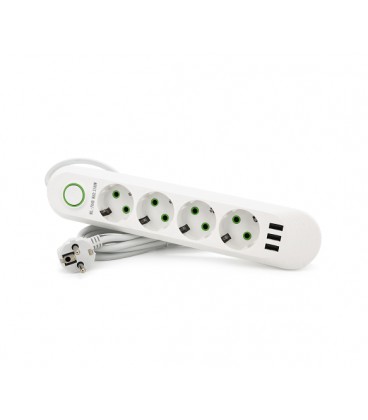 Сетевой фильтр F04U, 4 розетки EU + 3 USB, 1.5 м, сечение 3х0,75мм, 2500W, White, Box