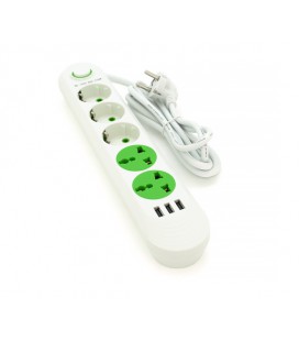 Сетевой фильтр F02U, 3 розетки EU + 2 розетки Universal + 3 USB, 1.5 м, сечение 3х0,75мм, 2500W, White, Bag