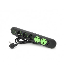 Сетевой фильтр F02U, 3 розетки EU + 2 розетки Universal + 3 USB, 1.5 м, сечение 3х0,75мм, 2500W, Black, Bag