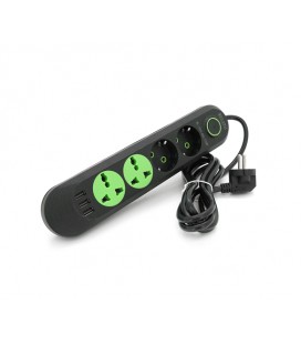 Сетевой фильтр F01U, 2 розетки EU + 2 розетки Universal + 3 USB, 1.5 м, сечение 3х0,75мм, 2500W, Black, Box