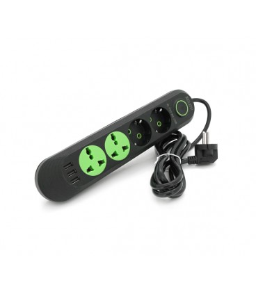 Сетевой фильтр F01U, 2 розетки EU + 2 розетки Universal + 3 USB, 1.5 м, сечение 3х0,75мм, 2500W, Black, Box