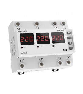 Реле напряжения двухрежимное одно/трехфазное VP-3F63А M6R на DIN-рейку, 3*63А, 3*13500Вт, 120-270В, шестимодульное с индикатором