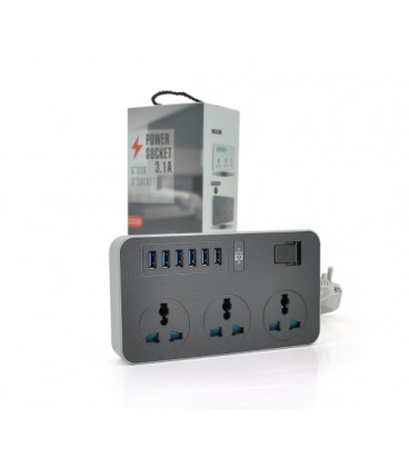 Сетевой фильтр ТВ-Т09, 3 розетки + 6 USB, 2 м, сечение 3х0,75мм, 3000W, Black-grey, Box