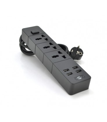 Сетевой фильтр ТВ-Т08, 3 розетки + 4 USB, 2 м, сечение 3х0,5мм, 2500W, Black, Box