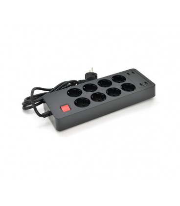 Сетевой фильтр на 8 розеток + 4 USB выхода 5V-4.8A, кнопка включения с индикатором, 16A, 240V/4000W, Black