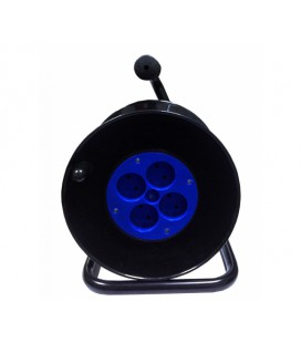 Катушка для удлинителя до 50м без кабеля на 4 гнезда без заземляющего контакта, контактная группа - латунь (Синяя)