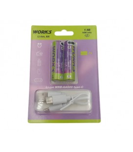 Аккумуляторные батарейки Li-ion WRB AA600, тип АА, 1.5V, Type-c, 1480mAh, 1000 циклов, блистер 2шт