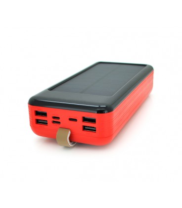 Power bank KKD-6W 60000 mAh Solar, flashlight, Input: 5V/2.1A(MicroUSB, TypeC, Lightning), Output: 5V /2.1A(4xUSB), plastic, Red
