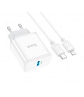 Набор СЗУ 110-240V HOCO C104A + кабель Lighting, 1xUSB-C, PD20W, кабель 1м, White, Box