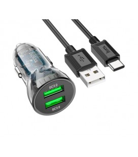Набор АЗУ 12-24V HOCO Z47+ кабель Type-C, 2xUSB 3.0, 2.4A, кабель 1м, Black, Box