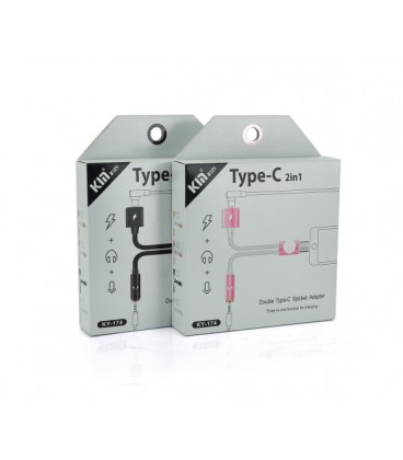 Переходник 2 в 1 KY-174 Type-C(M) &gt,Type-C(F) + Jack 3.5mm(F), 5см, White/Pink, Box