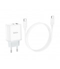 Набор СЗУ 110-240V HOCO C105A + кабель Type-C, ports: USB-C+USB, PD20W+QC3.0, кабель 1м, White, Box