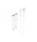 Набор СЗУ 110-240V HOCO C88A + кабель Lighting, 2xUSB, 2.4A, кабель 1м, White, Box