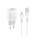 Набор СЗУ 110-240V HOCO C73A+ кабель Lighting, 2xUSB, 2.4A, кабель 1м, White, Blister