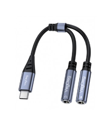 Переходник VEGGIEG V-K204, 1/Type-C(Male) to&gt, 2/Jack 3.5mm(F)(наушники + микрофон), Black/Silver, Box