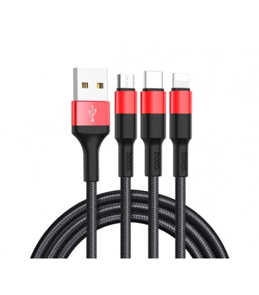 Кабель HOCO X26 USB-1 3 in 1 Micro / Iphone / Type-C, 2A, длина 1м, Black/Red, Box