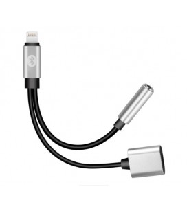 Переходник 2 в 1 Y026 Lighting(M) &gt,Lighting(F) + Jack 3.5mm(F), 5см, Black/Silver, Box