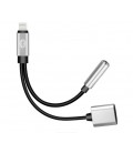 Переходник 2 в 1 Y026 Lighting(M) &gt,Lighting(F) + Jack 3.5mm(F), 5см, Black/Silver, Box