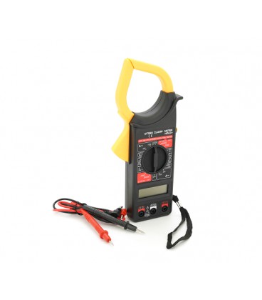 Мультиметр-клещи DT-266. Измерения: V, A, Ω. Функции: прозвонка, удержание данных (HOLD), защита от перегрузки. Габариты: 230×70