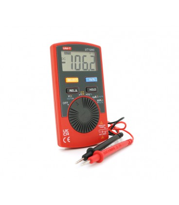 Мультиметр UNI-T UT120C: измерения V A Ω C Hz °C. Функции True RMS прозвонка тест диодов проверка транзисторов. Габариты 110×58×