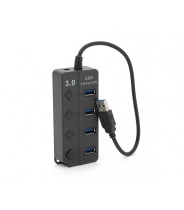 Хаб USB 3.0 4 порта, Black, 5Gb/s питание от USB, с кнопкой LED/Blue на каждый порт, Blister