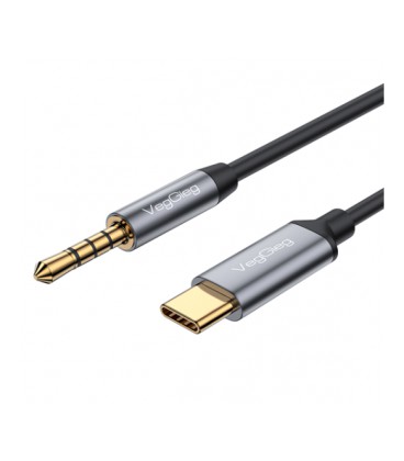 Кабель VEGGIEG V-A624 TypeC &gt, 3.5mm (папа), GOLD Jack, круглый, Gray, 1м, Пакет