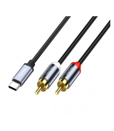Кабель VEGGIEG V-A621 TypeC &gt, 2хRCA (папа), GOLD Jack, круглый, Gray, 1.5 м, Пакет