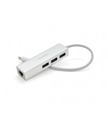 Хаб-конвертор Type-C to Ethernet VEGGIEG U3J-3C-S - Сетевой адаптер 100/100Mbps с проводом + 3 порта USB3.0, White, Metal, Blist