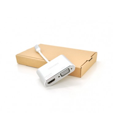 Хаб-конвертор VEGGIEG Type-C (папа) на VGA(мама) + HDMI(мама), 10 см, Silver, Box
