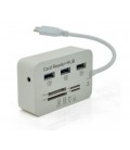 Хаб Type-C алюминиевый, 3 порта USB 3.0+ Card Reader, 20 см, White, Пакет