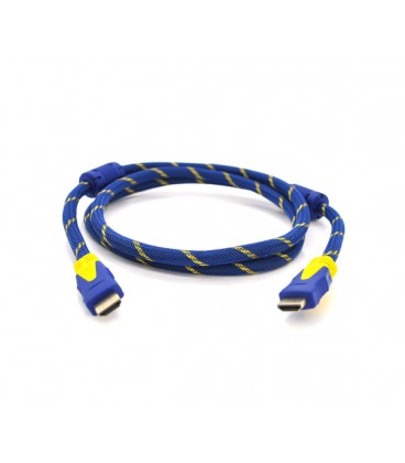 Кабель Merlion HDMI-HDMI 5.0m, v1.4, OD-8.0mm, 2 фильтра, оплетка, круглый Blue/Gold, коннектор Blue-yellow, (Пакет) Q100