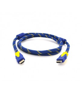 Кабель Merlion HDMI-HDMI 3.0m, v1.4, OD-8.0mm, 2 фильтра, оплетка, круглый Blue/Gold, коннектор Blue-yellow, (Пакет) Q150