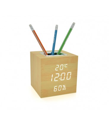 Электронные часы VST-878S Wooden (Yellow), с датчиком температуры и влажности, будильник, питание от кабеля USB, White Light