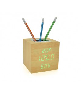 Электронные часы VST-878S Wooden (Yellow), с датчиком температуры и влажности, будильник, питание от кабеля USB, Green Light